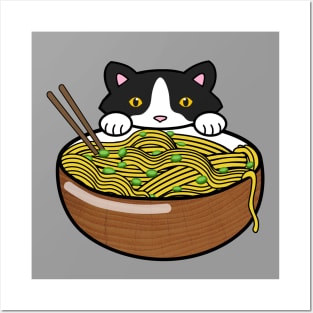 Cute cat eating ramen noodles Posters and Art